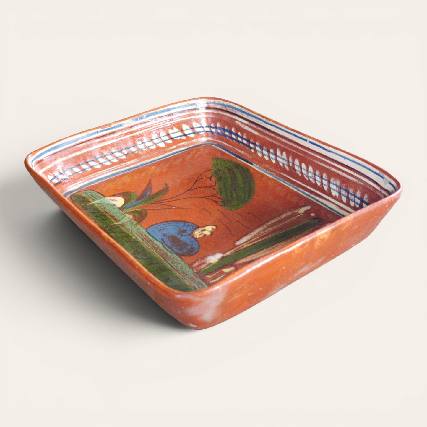 1930s–1940s Mexican Tlaquepaque Pottery Tray with Campesino Scene