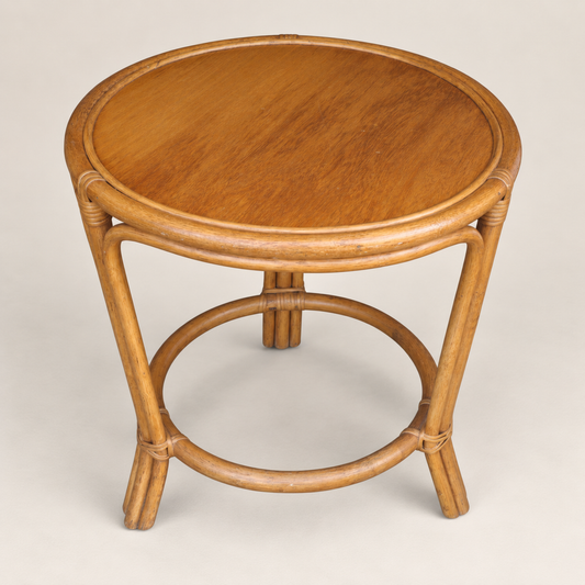 Late 20th Century Bamboo and Rattan Round Side Table with Inset Wood Top