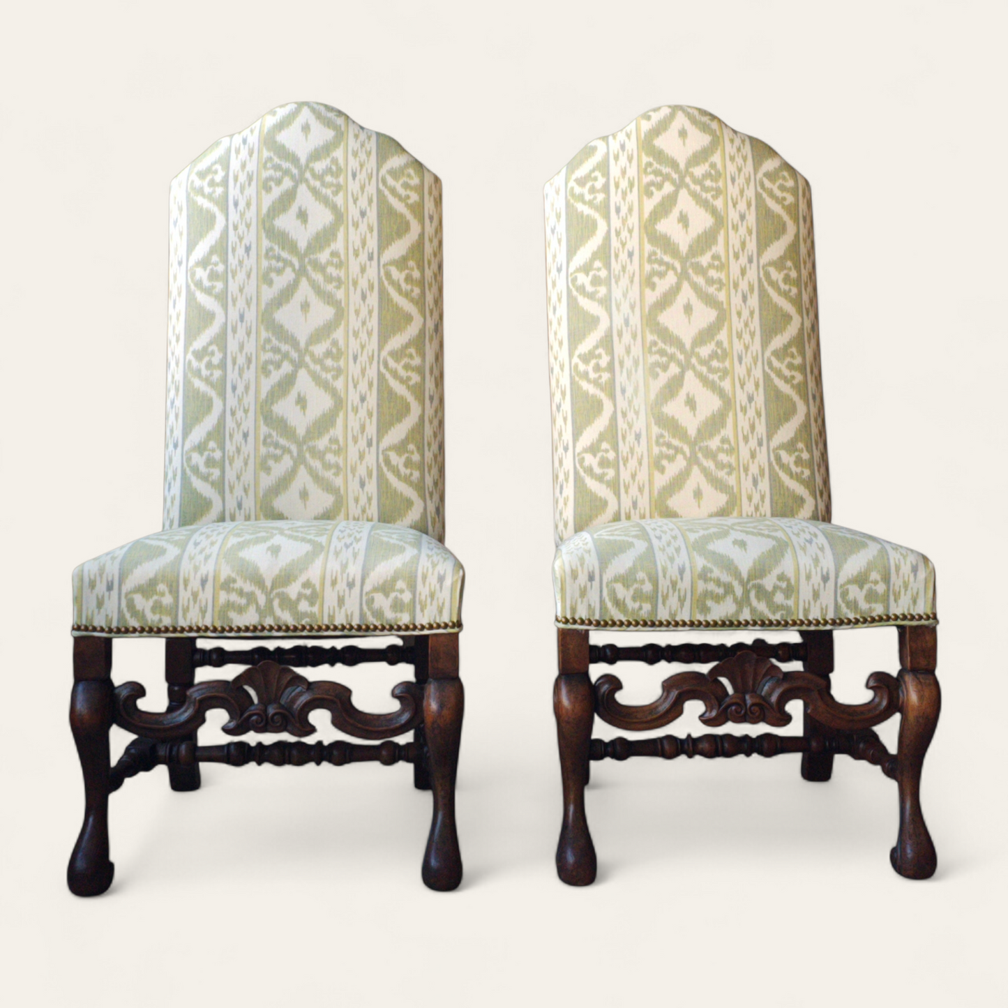 Pair of 20th Century Flemish-Style Walnut Side Chairs with Cowtan & Tout Ikat Upholstery
