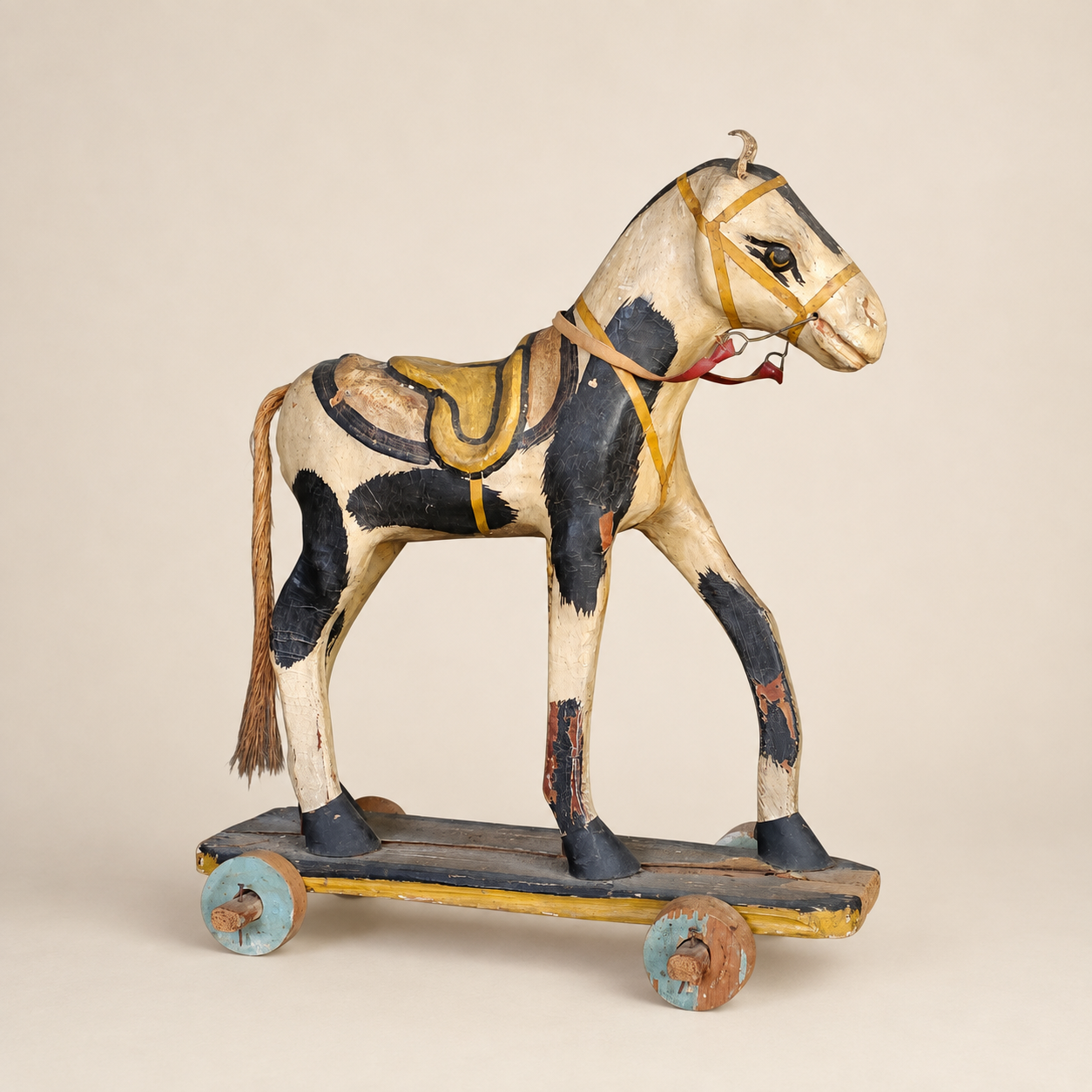Circa 1900 Folk Art Pull Toy Horse in Painted Wood & Papier-Mâché