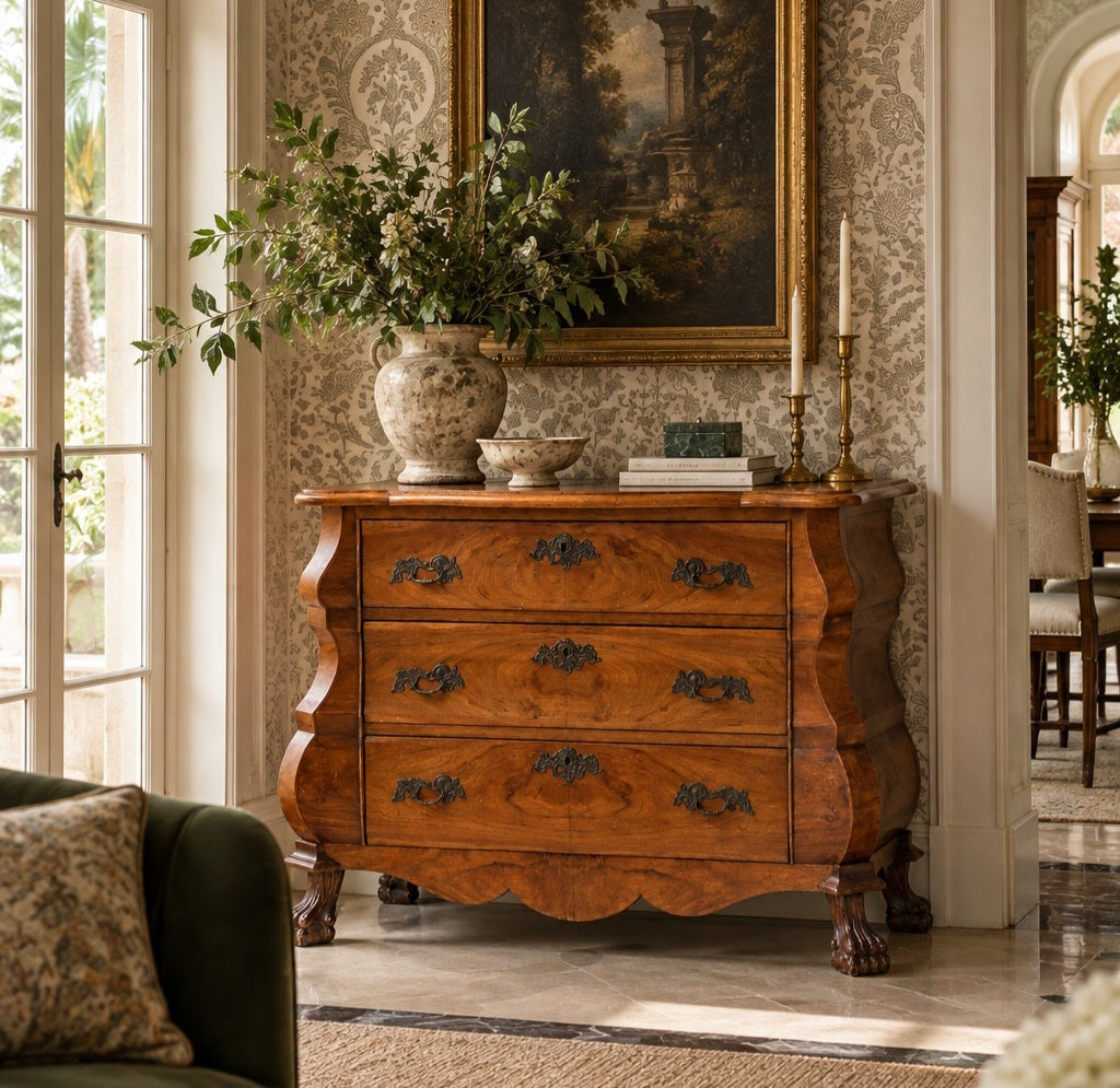 20th Century Dutch Baroque-Style Burr Walnut Bombé Chest of Drawers