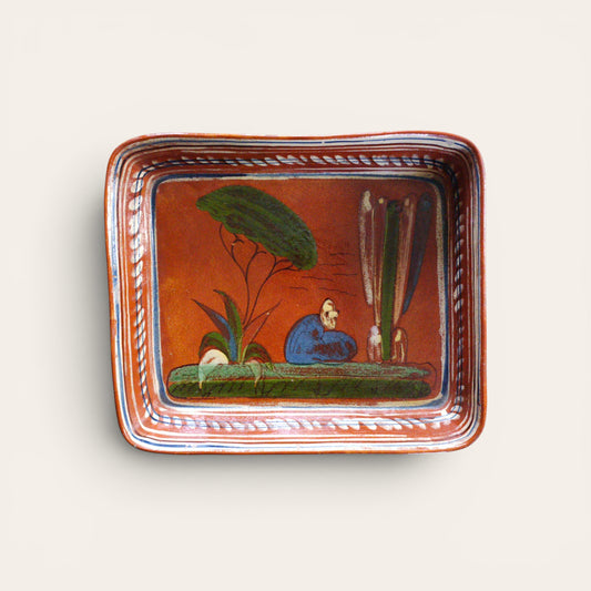 1930s–1940s Mexican Tlaquepaque Pottery Tray with Campesino Scene
