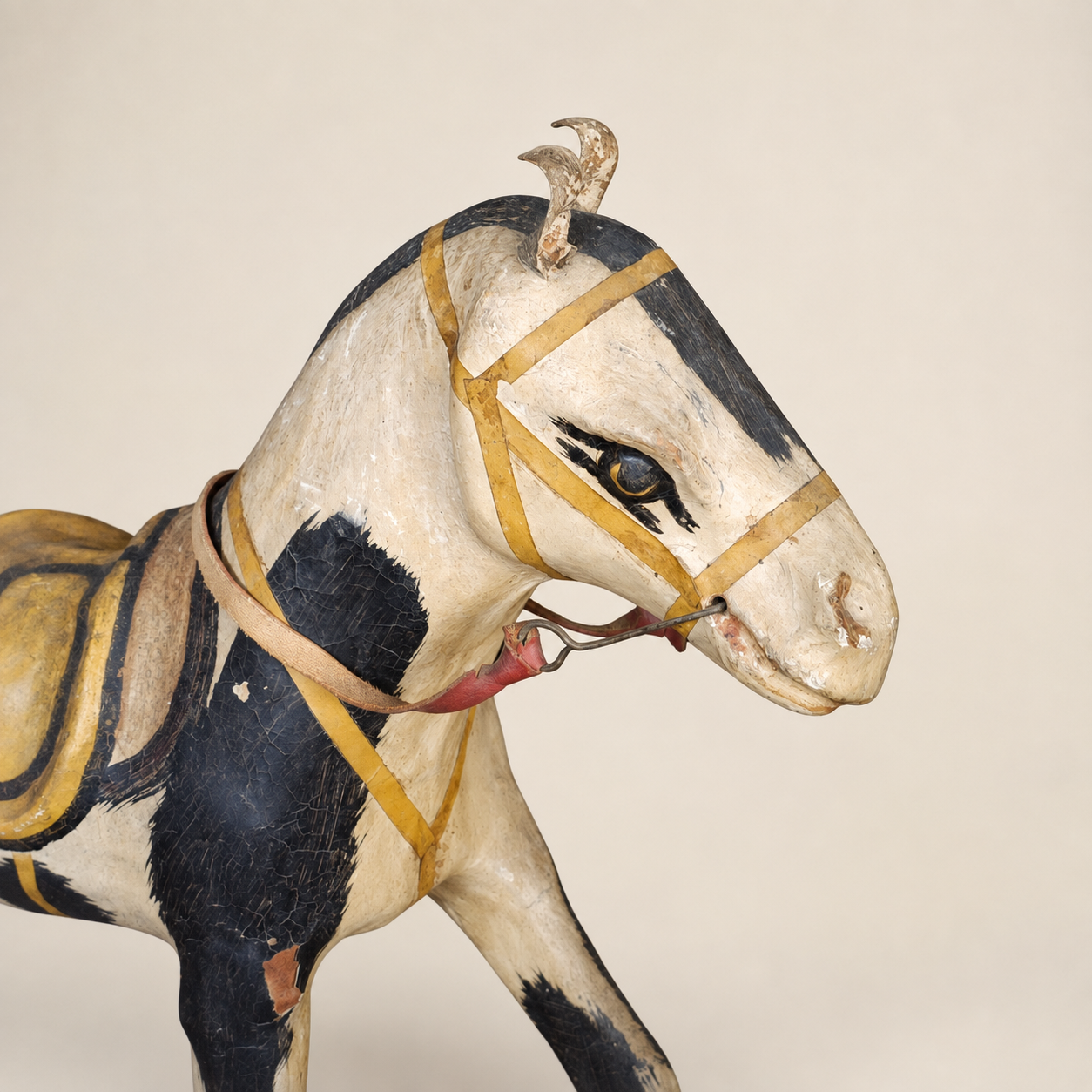 Circa 1900 Folk Art Pull Toy Horse in Painted Wood & Papier-Mâché