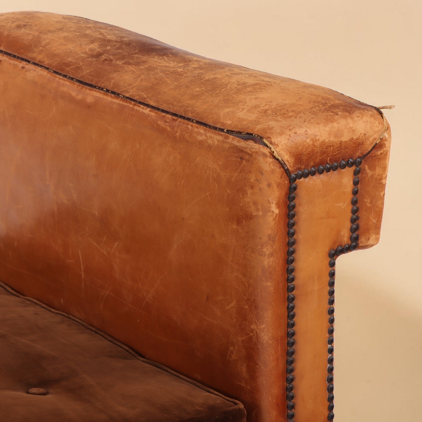 Circa 1920 Art Deco Modular Cognac Leather Chaise Lounge with Velvet Cushions
