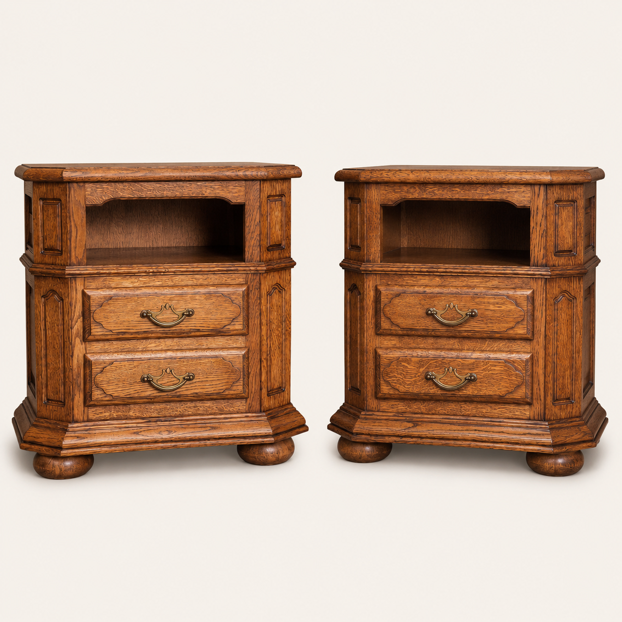 1960s French Provincial Style Oak Nightstands with Open Shelves, Pair