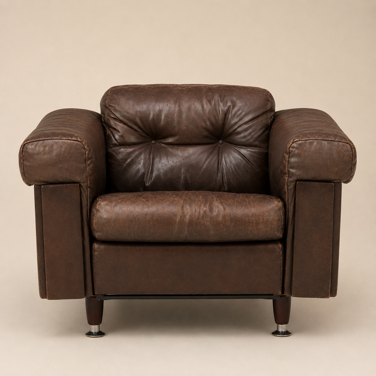 1970s Swiss Style Leather Lounge Chair and Ottoman in the Manner of De Sede