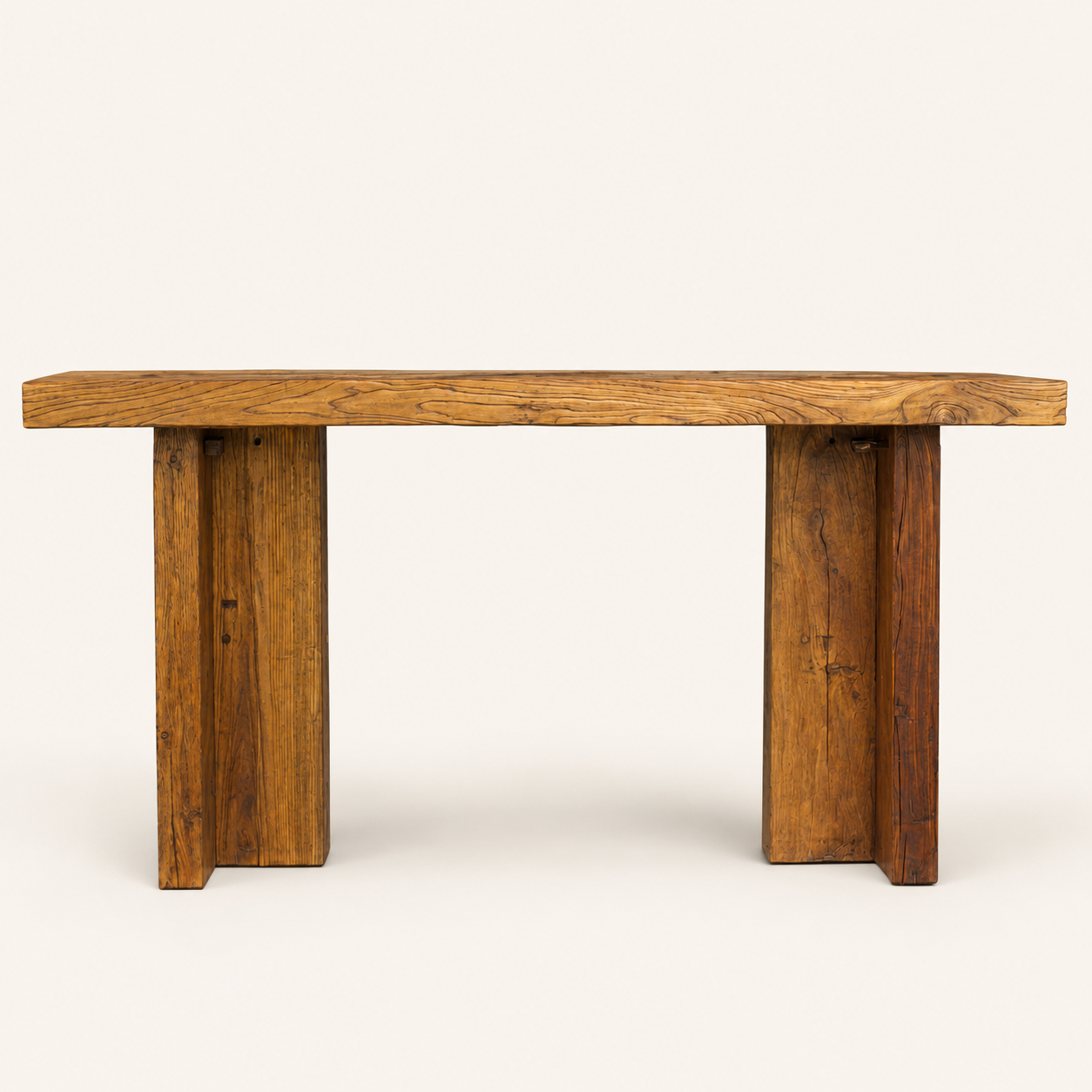 1970s Belgian Style Reclaimed Wood Console Table with Brass Butterfly Key Inlays