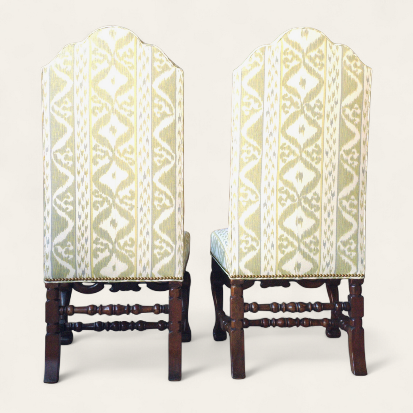 Pair of 20th Century Flemish-Style Walnut Side Chairs with Cowtan & Tout Ikat Upholstery