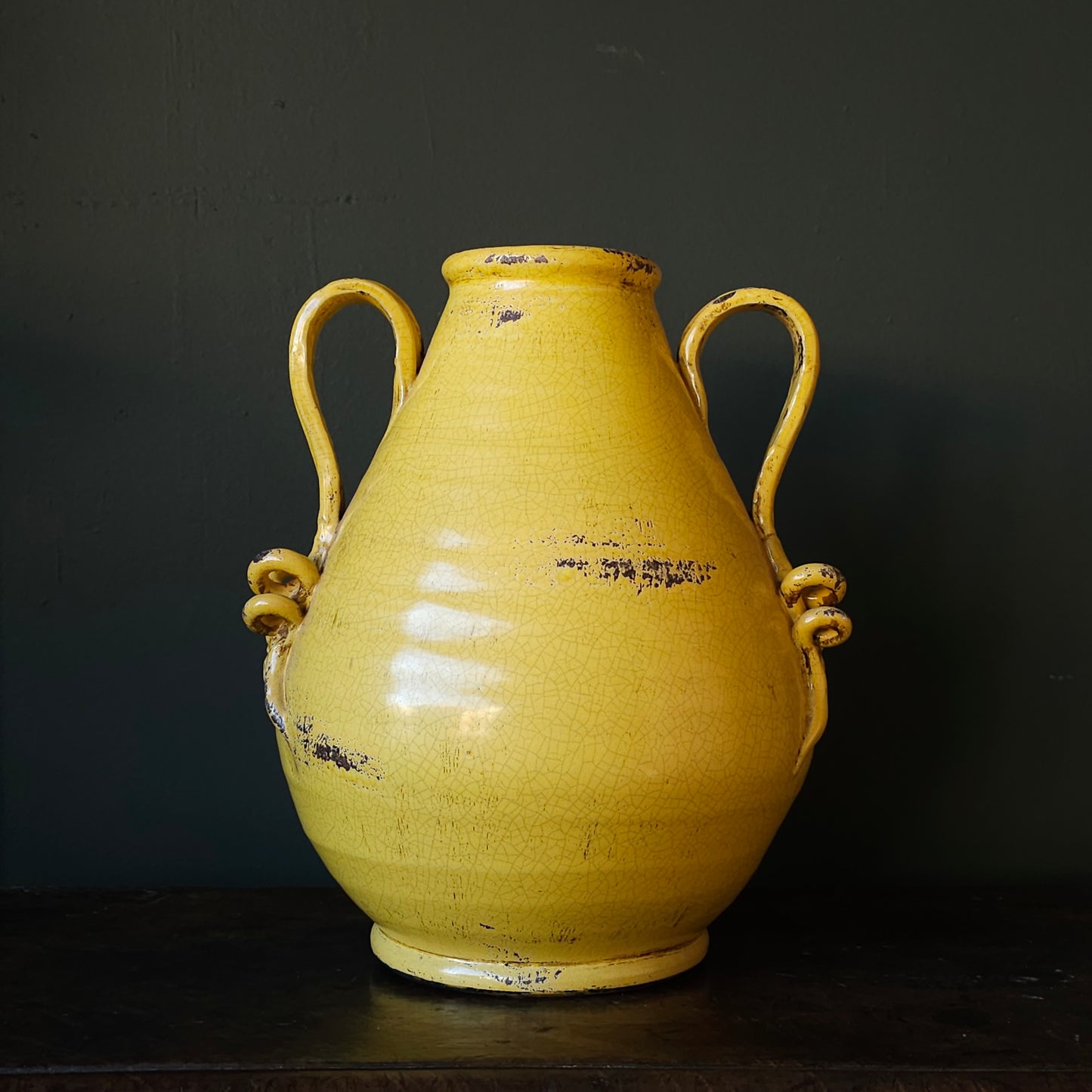 Vintage Terracotta Amphora With Yellow Crackle Glaze & Lion Accent