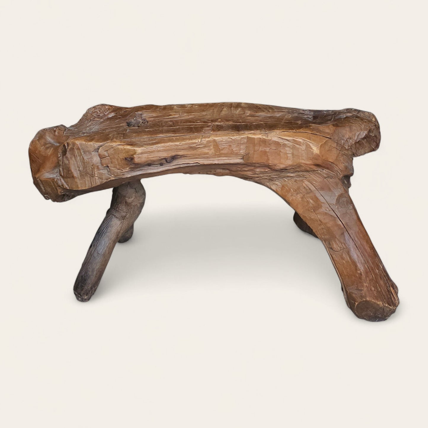 20th Century Folk Art Carved Wood Root-Form Stool with Peg Joinery
