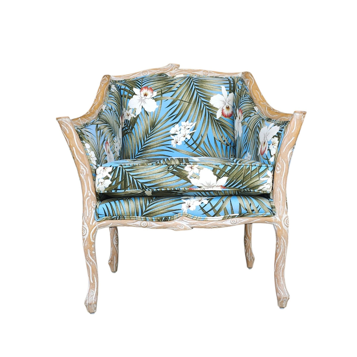 Late 20th Century–Early 21st Century Branch-Form Carved Wood Bergère Armchair with Tropical Upholstery