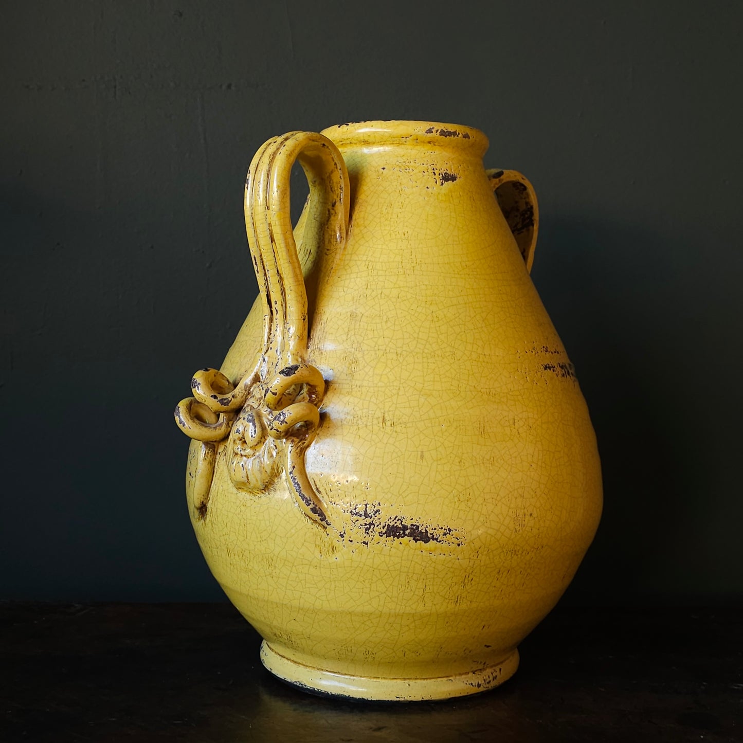 Vintage Terracotta Amphora With Yellow Crackle Glaze & Lion Accent