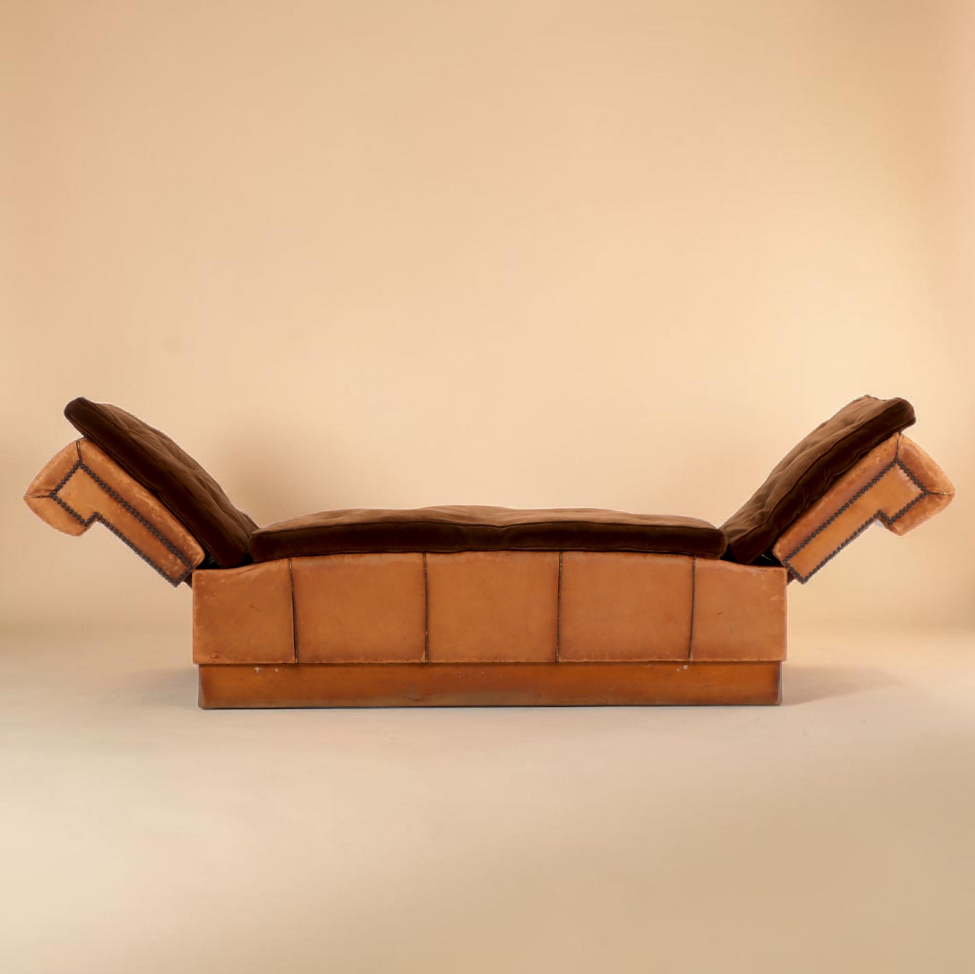 Circa 1920 Art Deco Modular Cognac Leather Chaise Lounge with Velvet Cushions