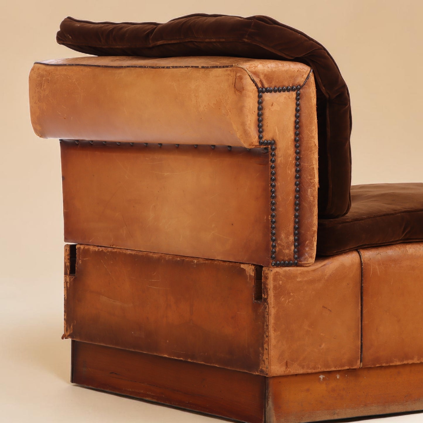 Circa 1920 Art Deco Modular Cognac Leather Chaise Lounge with Velvet Cushions