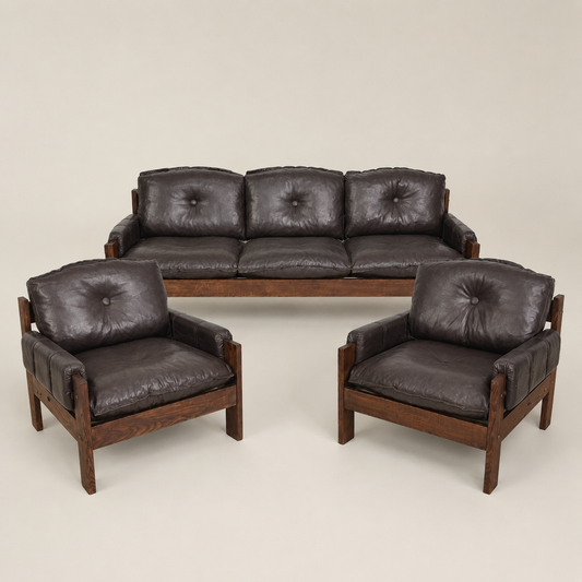 1970s Danish Modern Oak & Leather Three-Piece Living Room Suite in the Style of Esko Pajamies' Bonanza Collection