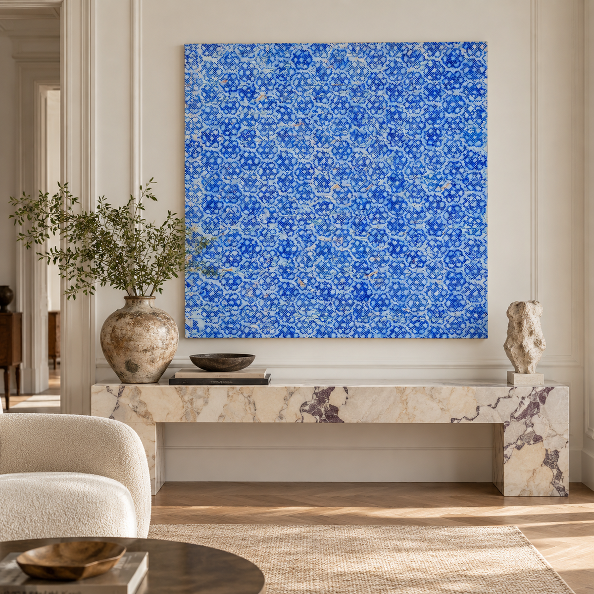 Contemporary Blue on White Abstract Oil on Canvas Painting by Kirsten Doyle
