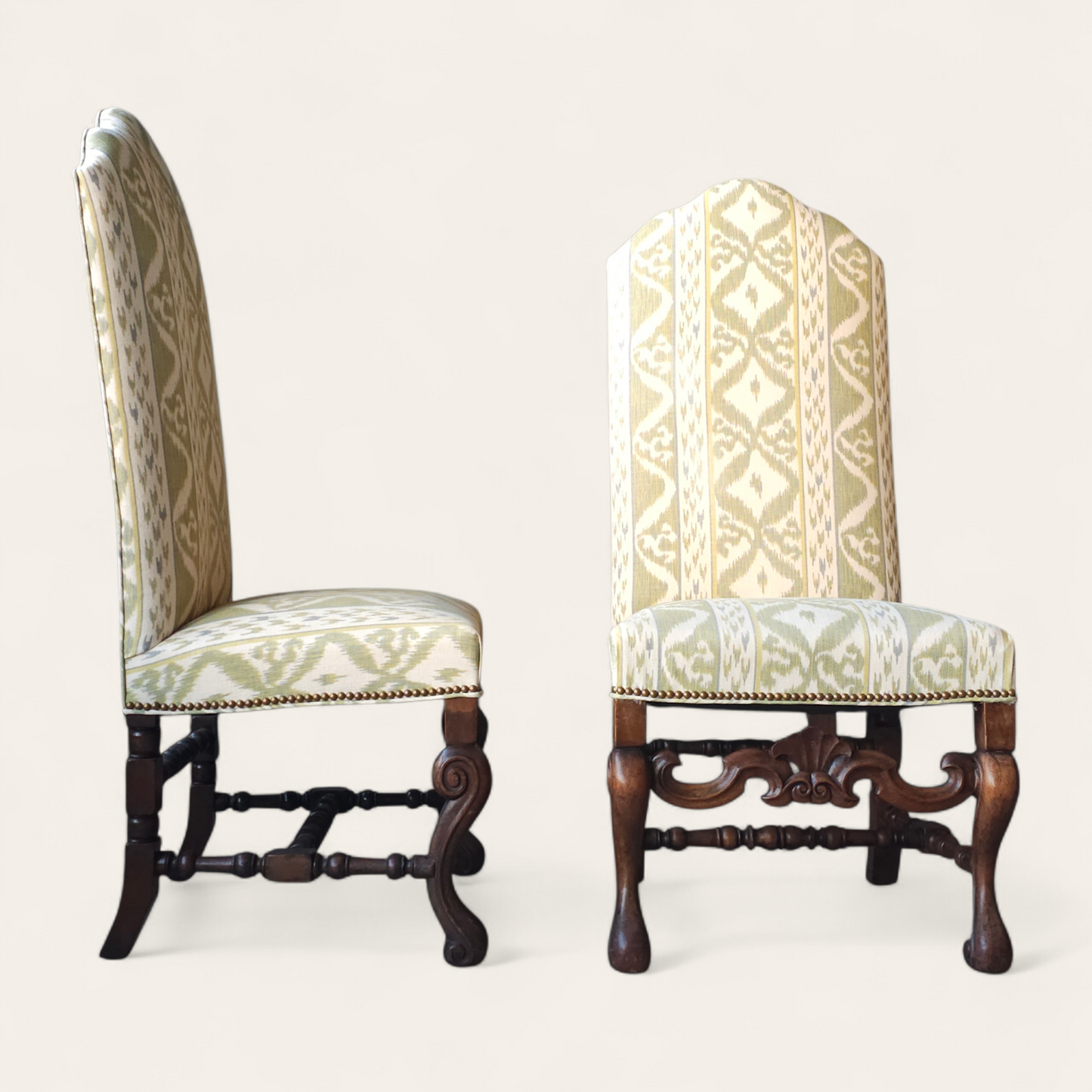 Pair of 20th Century Flemish-Style Walnut Side Chairs with Cowtan & Tout Ikat Upholstery