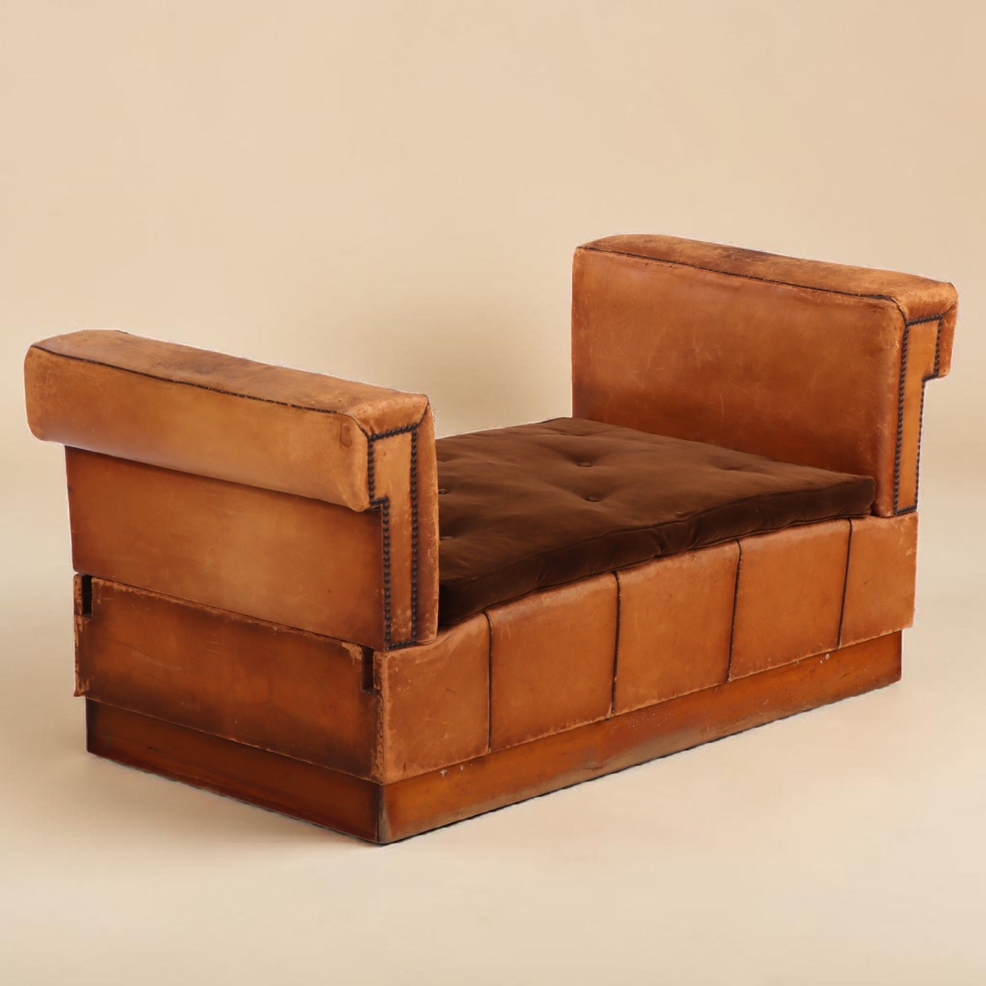 Circa 1920 Art Deco Modular Cognac Leather Chaise Lounge with Velvet Cushions