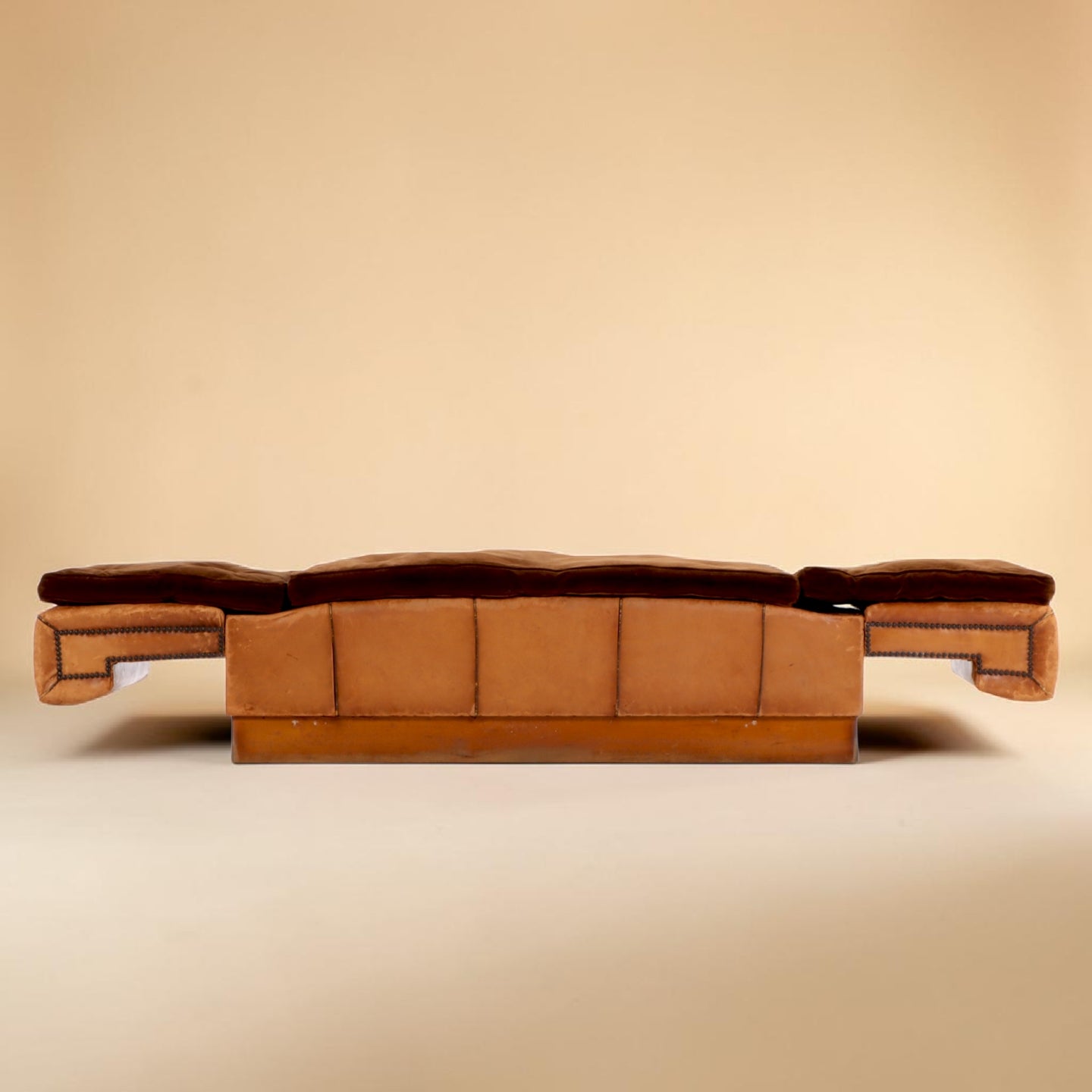 Circa 1920 Art Deco Modular Cognac Leather Chaise Lounge with Velvet Cushions